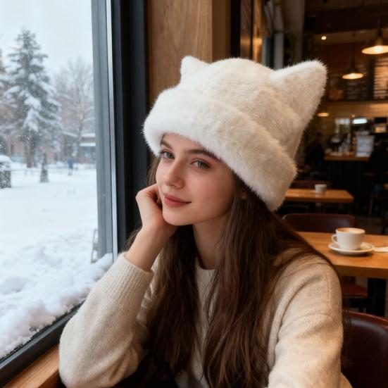 Winter Hat Solid Color Bear Ear Decor Windproof Warm Knitted Hat Lightweight Breathable Thermal Hat Cold Weather Headwear