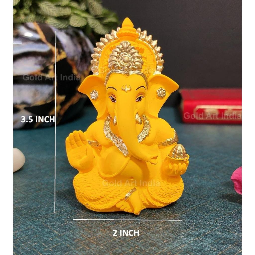 Yellow Mukut Ganesha - Good for Divine Home/Office Decor, Car Dashboard Idol, Housewarming Gift