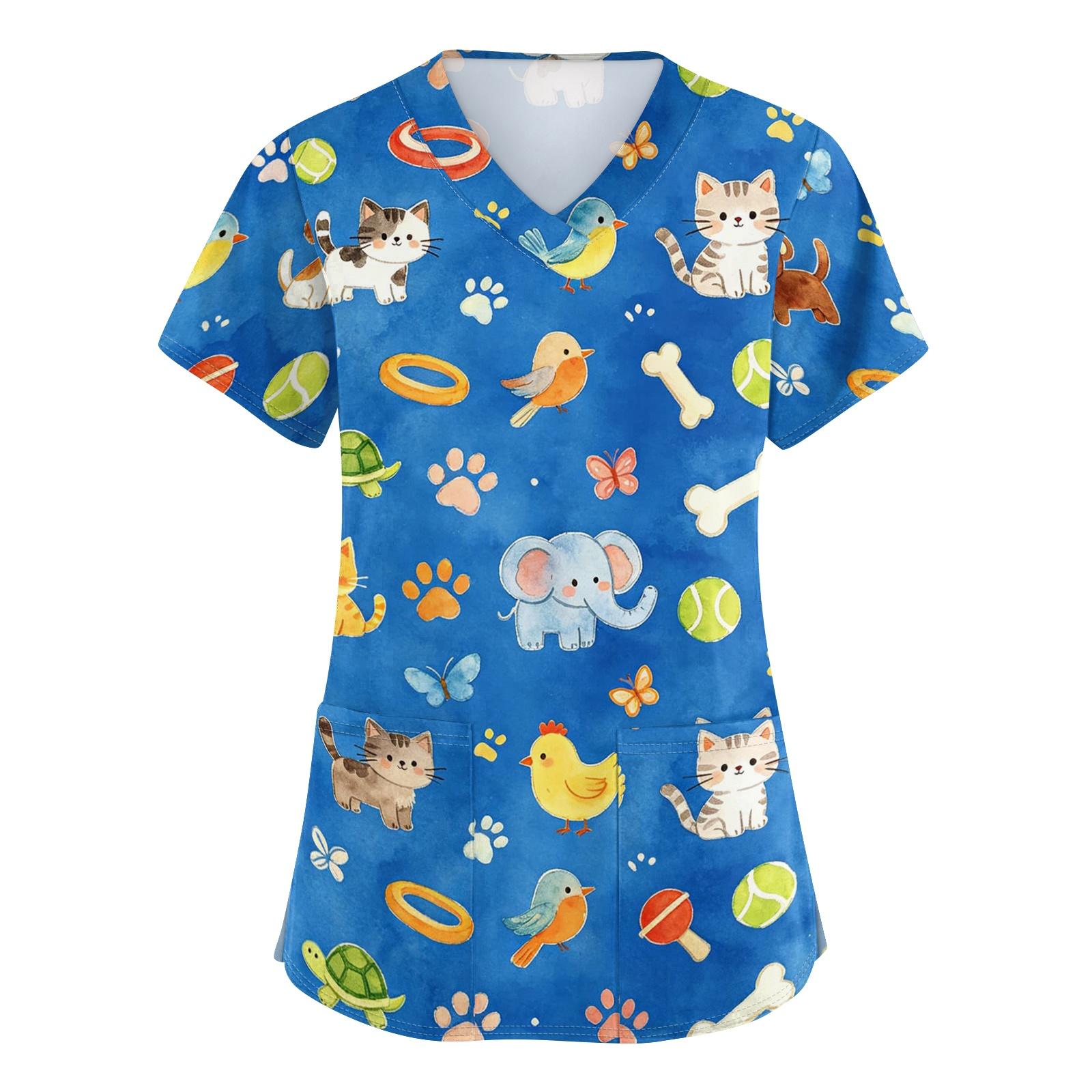 

Women s V Neck Short Sleeve Work Top with Pockets Animal Print Medical Scrub Shirt for Healthcare Professionals Nursing Uniform S синій