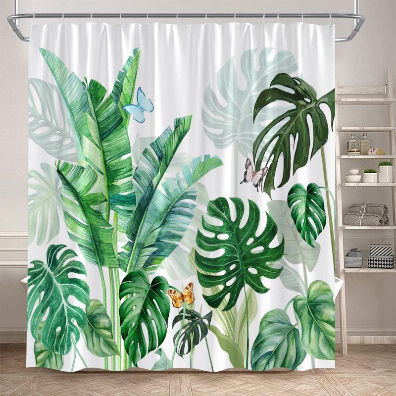Tropische Blätter Duschvorhang Grün Palmenblatt Monstera Pflanze Badvorhänge Set Polyestergewebe Heim Badezimmerdekor Mit Haken
