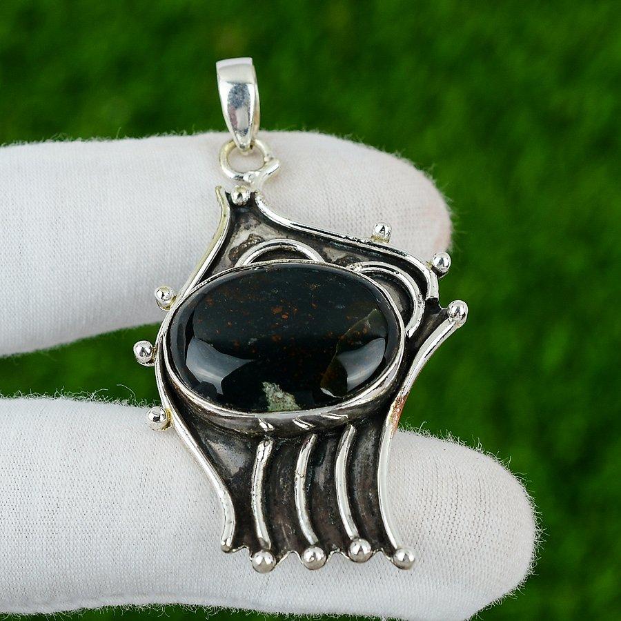 Sterling Silver March Birth Oval Bloodstone Gemstone Bezel Engagement Pendant