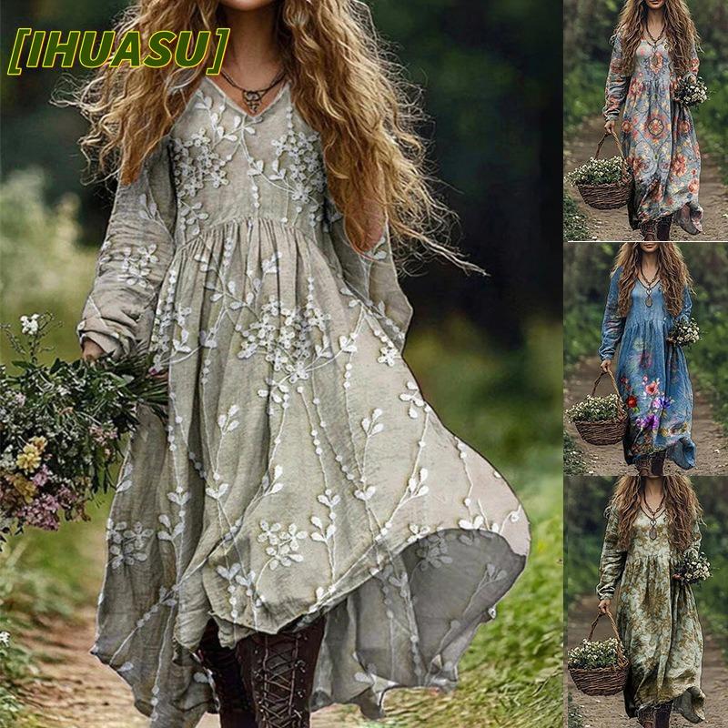 IHUASU Fashion Autumn Winter Long Sleeve V-Neck Casual Dresses