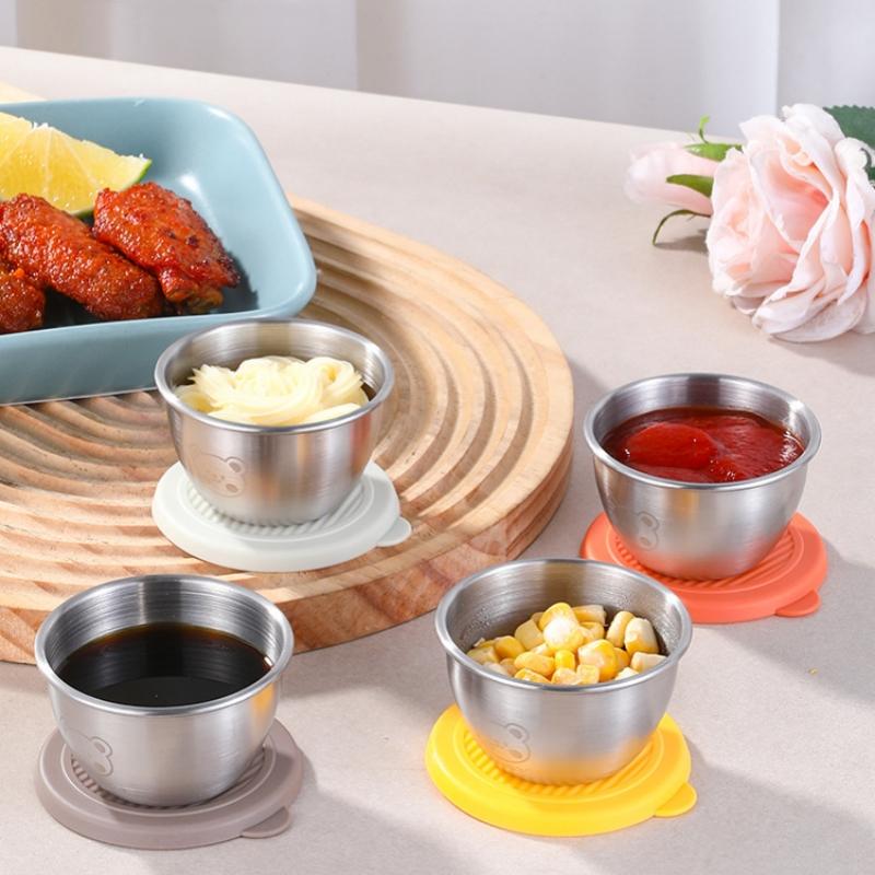 6pcs 304 Stainless Steel Sauce Cup with Lid, Reusable Sauce Container with Leak Proof Plastic Lid, Barbecue Salad Seasoning Cup
