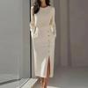 Women's Fashionable Long Sleeved Mature Style Solid Color Round Neck Cinched Waist Slit Metal Button Zipper Dress