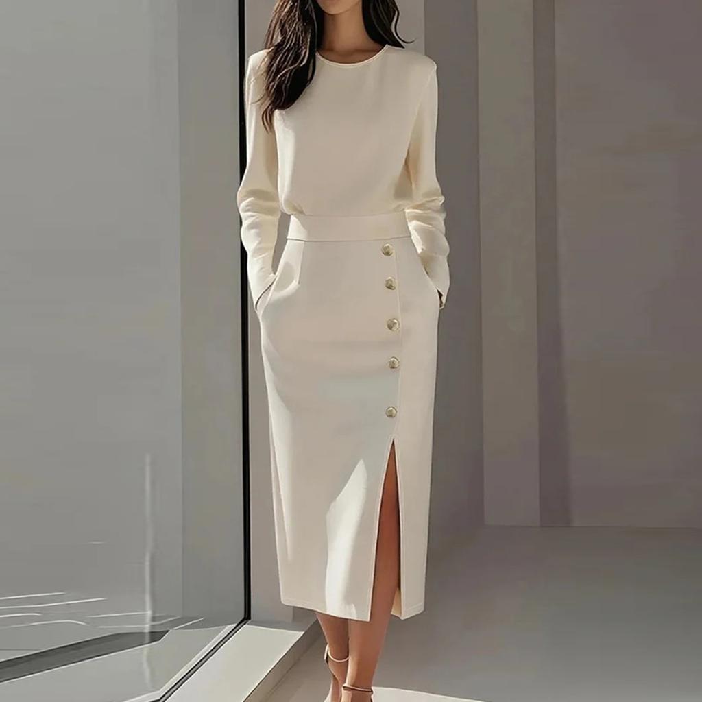 Women's Fashionable Long Sleeved Mature Style Solid Color Round Neck Cinched Waist Slit Metal Button Zipper Dress