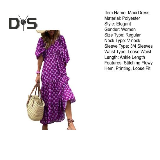 Women V Neck 3/4 Puff Sleeves Maxi Dress Bohemia Floral Print Stitching Flow Hem Loose Fit Beach Long Dress Casual Sundress