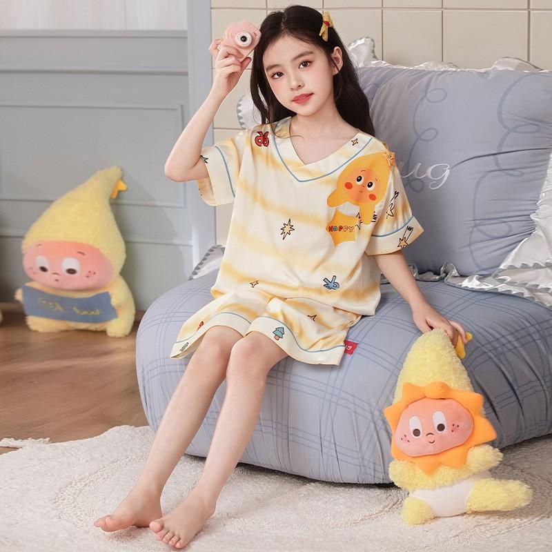 Girls Pajama Set Short Sleeve Ice Silk Sleepwear Kids 8 Years Comfortable Cartoon Print Home Wear