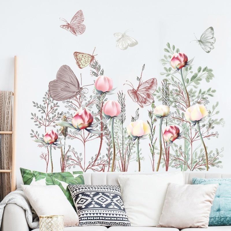 Butterfly Flower Wall Sticker Living Room Wallpaper Flowers Bedroom Wall Decor Art Poster Vinyl Decoration Butterfly Wallpaper