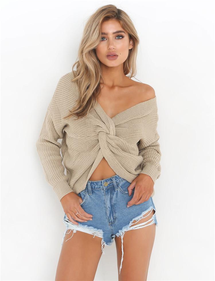 Women's 2018 Autumn Winter Knitwear: Round Neck Backless Cross Sweater for Office Commuting