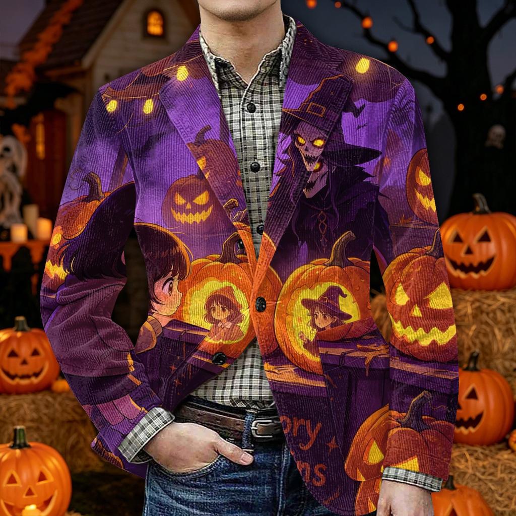 Men's Halloween Print Corduroy Warm Blazer Jacket with Pockets Casual Suit Coat Long Sleeve Button Front Outerwear for Fall