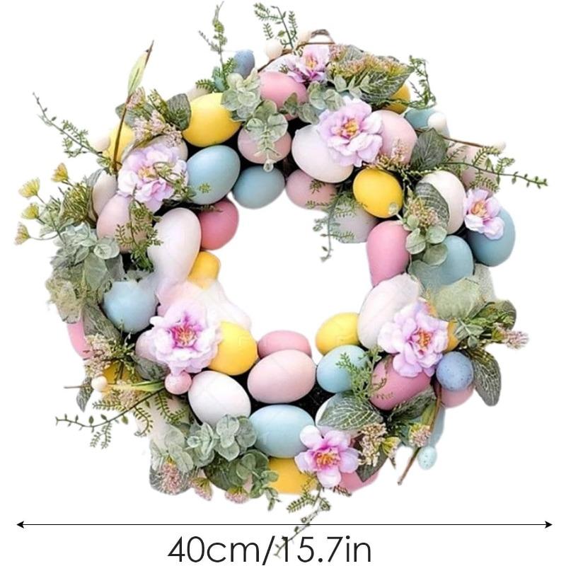 Coronițe de Paște pentru ușa din față, coroană pentru ouă de Paște, coroană de Paște artificială de 40 cm, ușă din față, coroană colorată de ouă de Paște cu frunze
