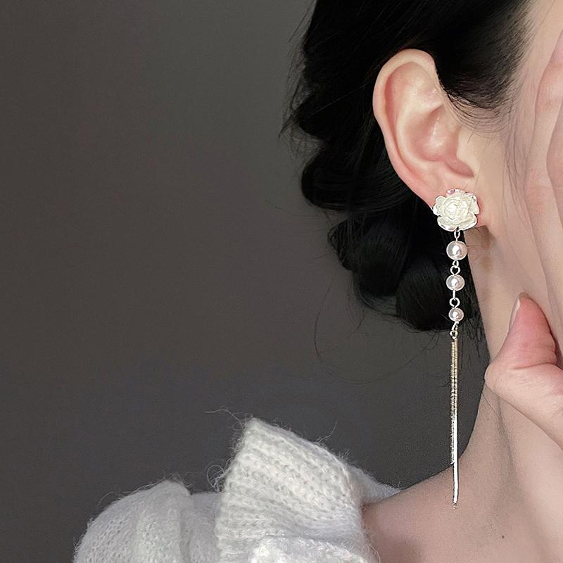 Elegant  Fairy Long Camellia Pearl Tassel Earrings For Women Minimalist Luxury Quality Jewelry Piercing Stud Earrings
