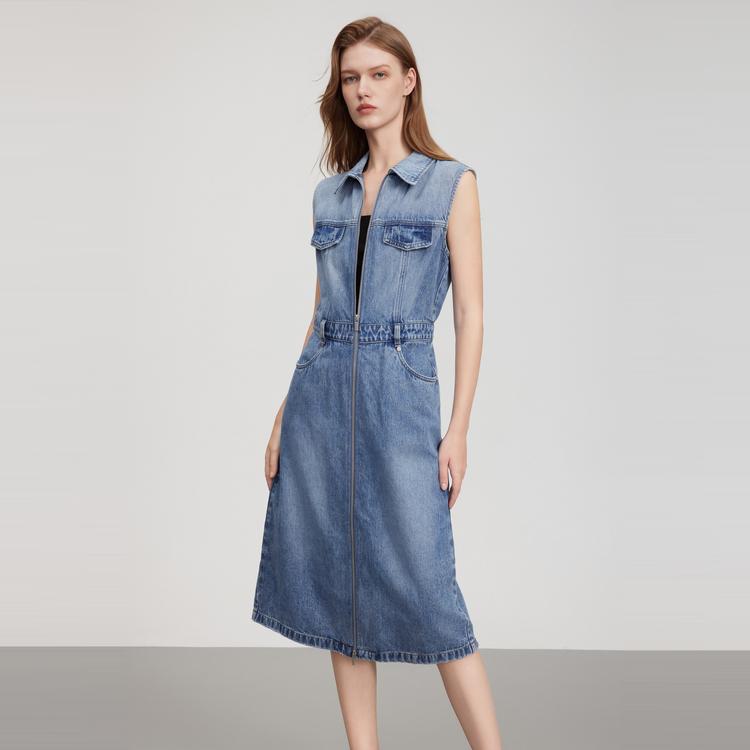 ELLE Modern Cotton Polo Neck Solid Color Sleeveless Dress Women dresses Blue EL51207