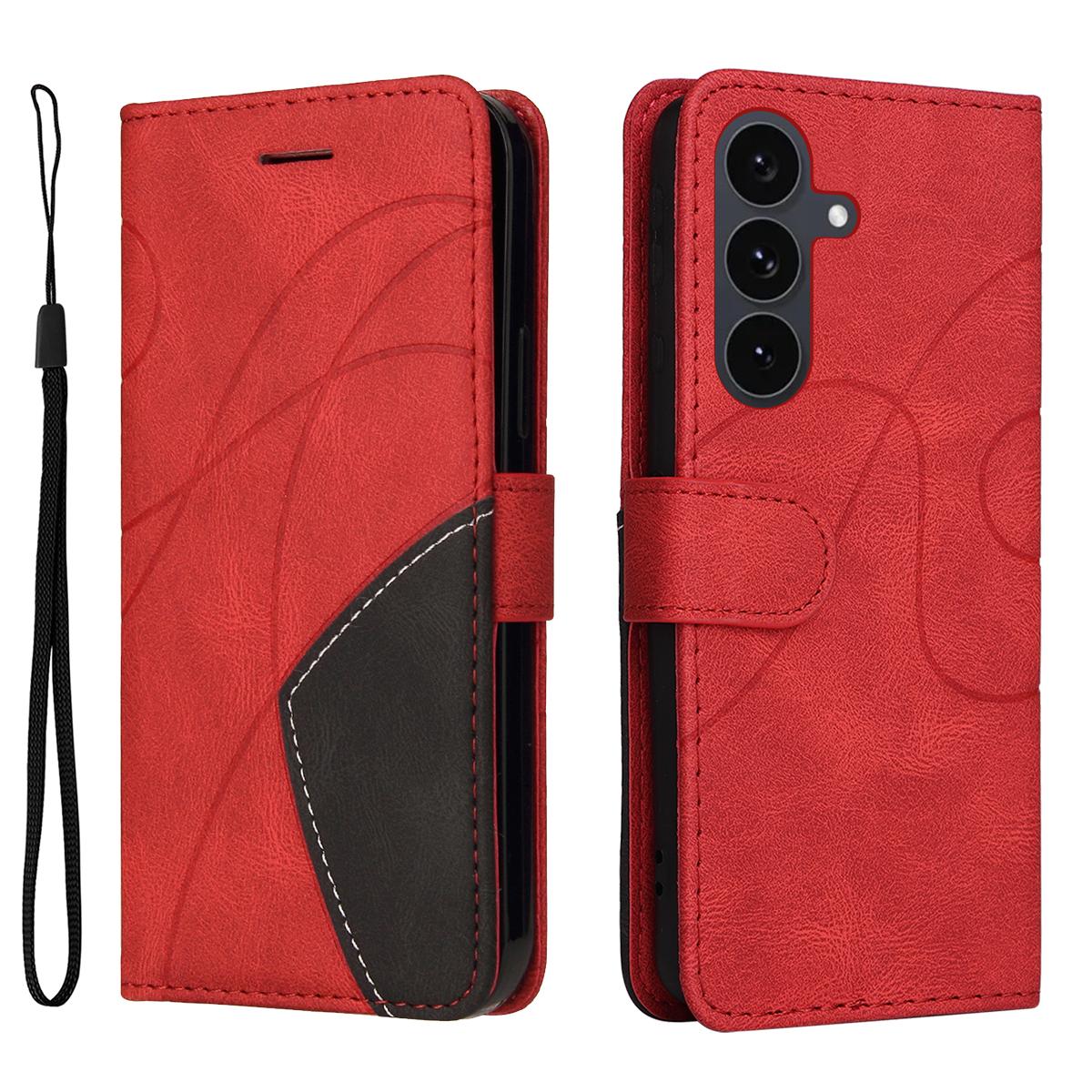 

For Samsung Galaxy S25 FE Leather Phone Case Stand Wallet with Bi-colour Splicing Design Red