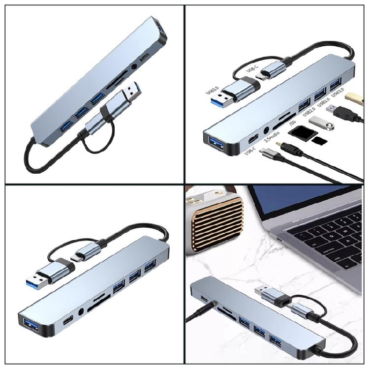 Aluminum 8 In 1 USB C Adapter Hub with 4 USB Port Splitter Adapter Small Card Reader and 3.5 Auditory Port Efficient