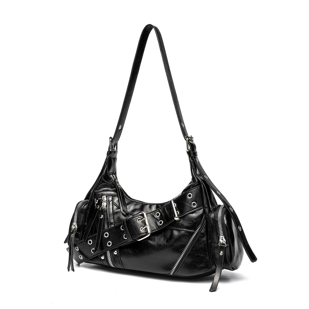 Women's Punk Motorcycle Distressed Leather Crossbody Bag with Multi-Buckle Straps and Rivet Design