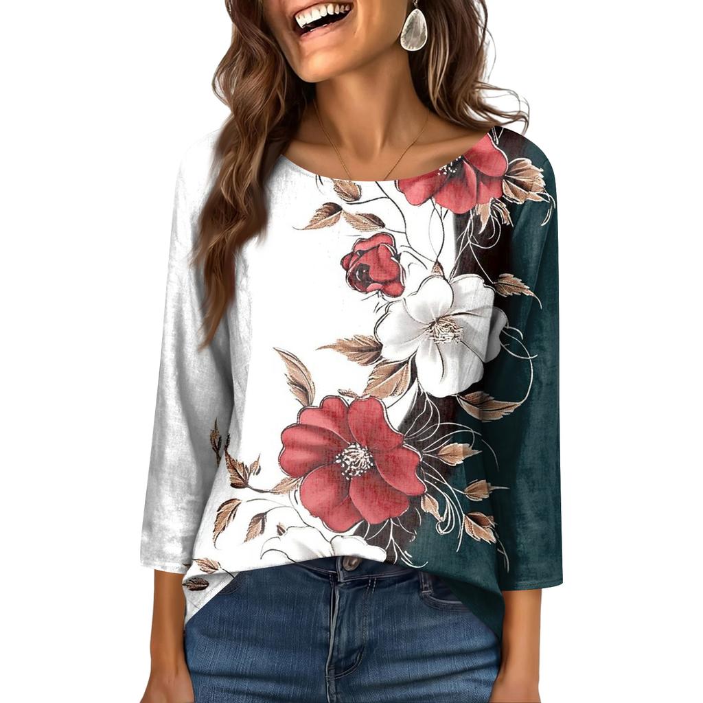 Women's Fashionable Casual Round Neck  3/4 Sleeve  Printed T-Shirt Top