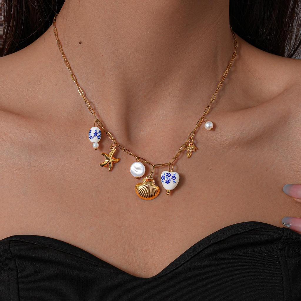 Stainless Steel Starfish Ceramic Choker Necklace - Holiday Fashion Clavicle Chain with High-end Style and Personality