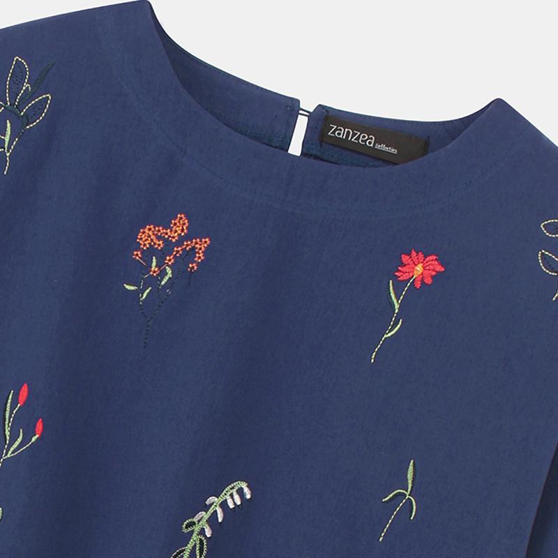 ZANZEA Frauen Oansatz Langarm T-shirt Lose Beiläufige Stickerei Druck Baumwolle Tops