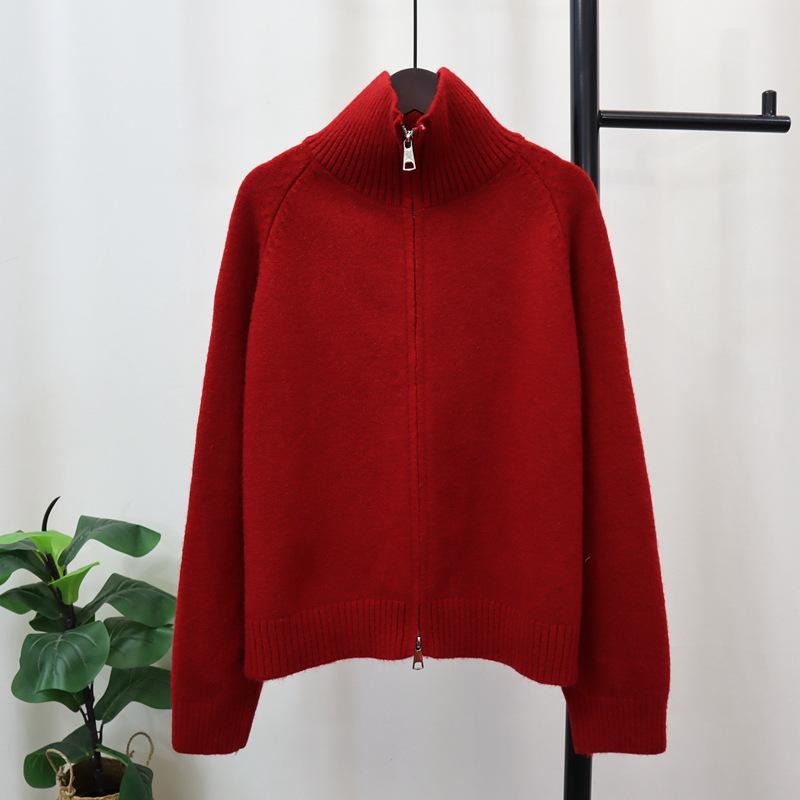 Thickened double zipper sweater jacket autumn and winter new loose solid color casual versatile knitted cardigan women