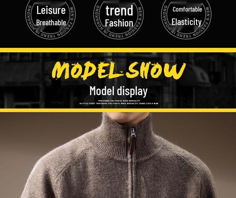 Premium American Style Men's Half-High Collar Knit Sweater - Warm, Anti-Pilling, Plus Size, Long Zipper.