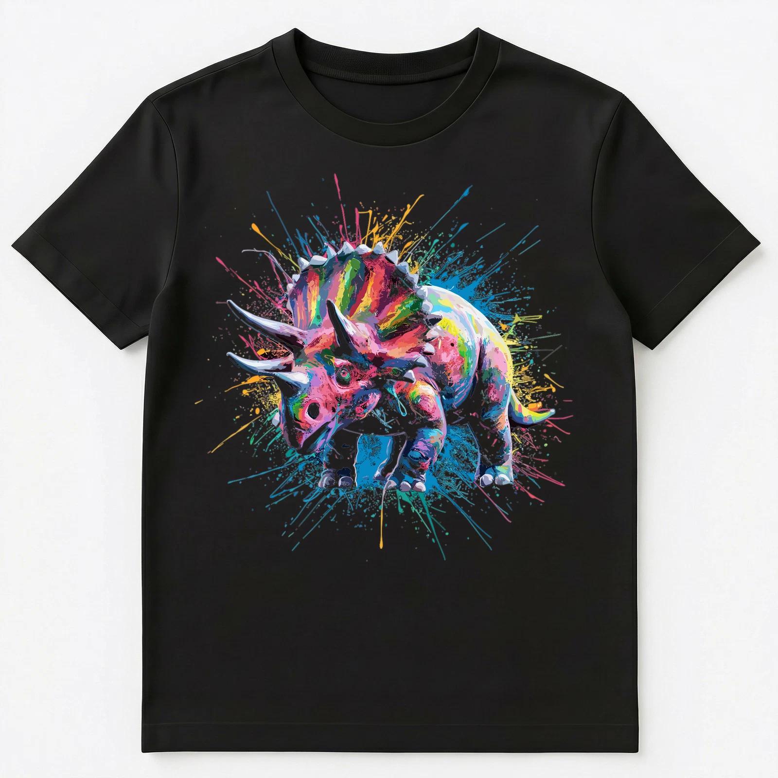 Colorful Paint Splash Triceratops Art Graphic Unisex T-Shirt 4XL