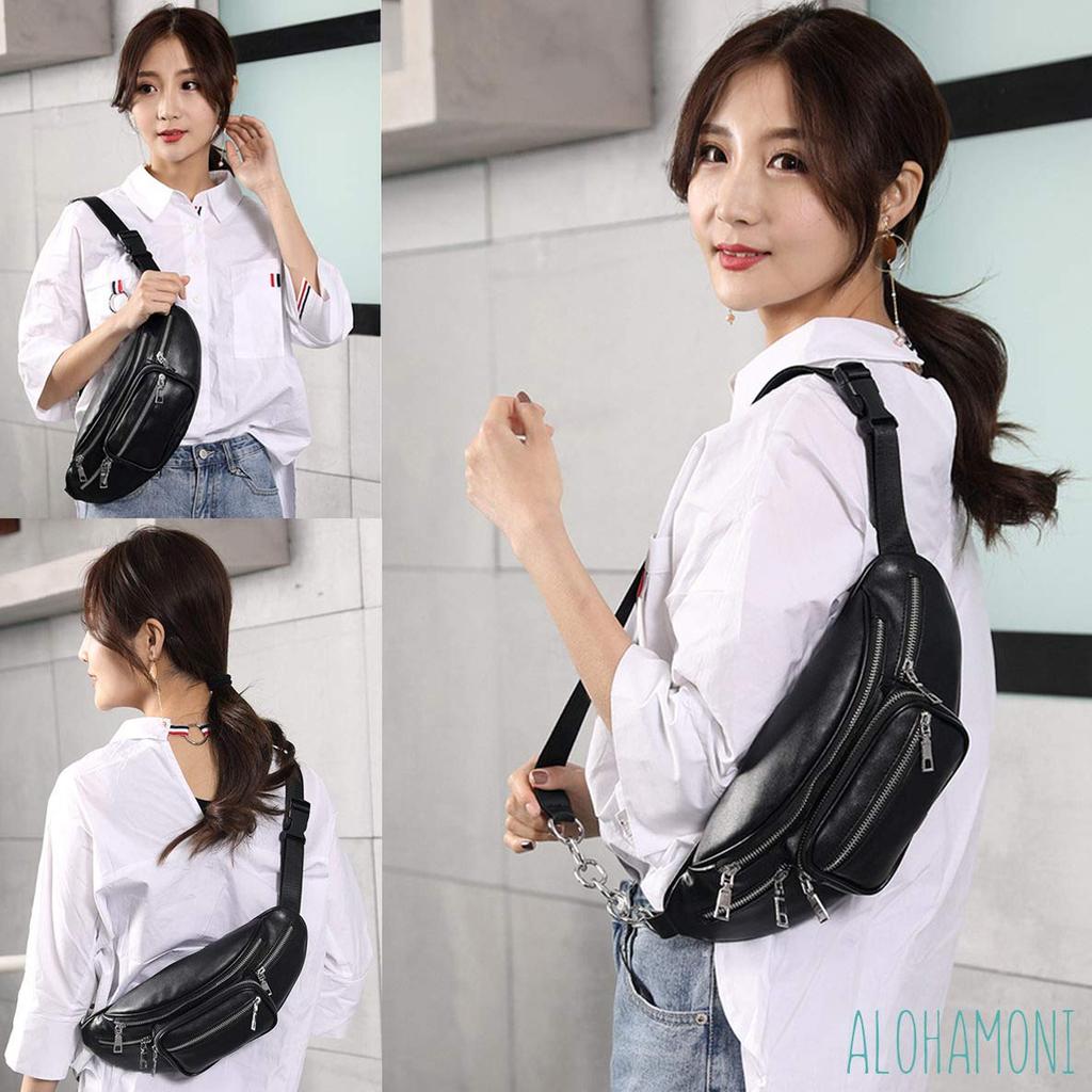 ALOHAMONI Body PU Leather with Large Ample Shoulder Slim and Suitable for Men and Women 3-Way Bag/Waist Bag/Fastener, Chain, Lightweight, Capacity,
