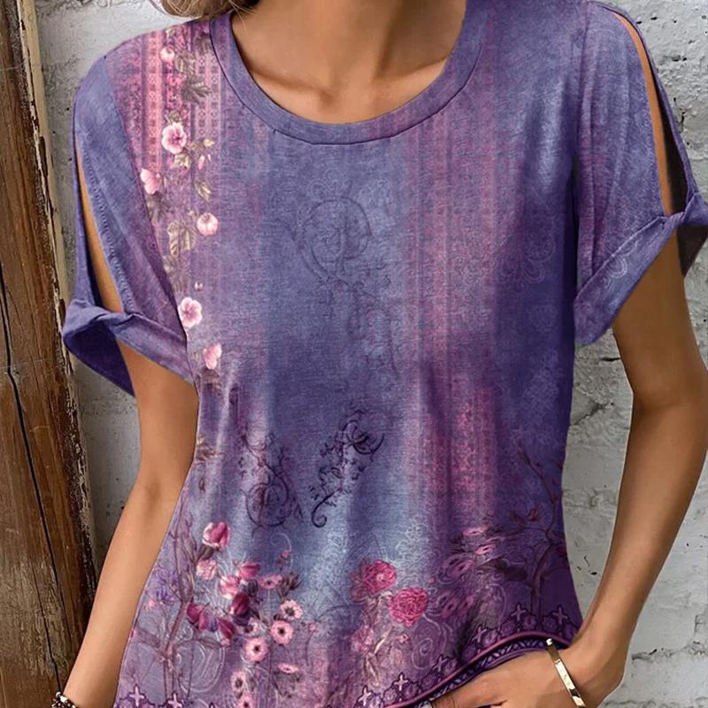 Primavera e verão nova camiseta feminina casual e confortável estilo étnico estampado de manga curta