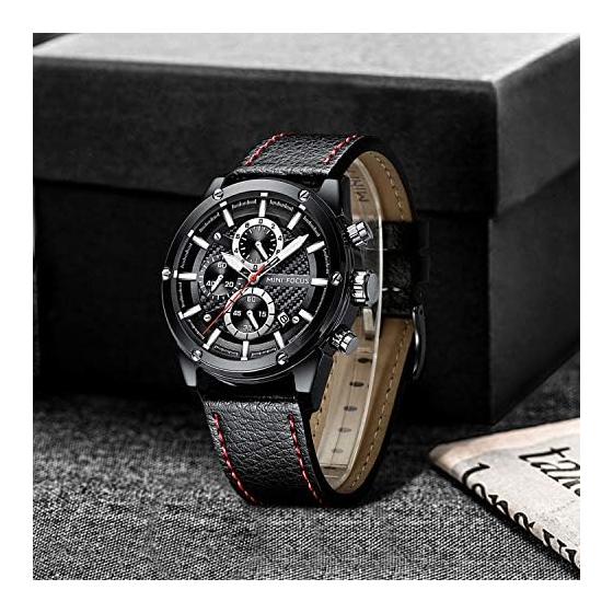 Men's Watch with Stopwatch Function Date Waterproof Quartz Stylish Simple Rating Casual Study Work Analog Leather Band Belt Ranking Brand (Black)