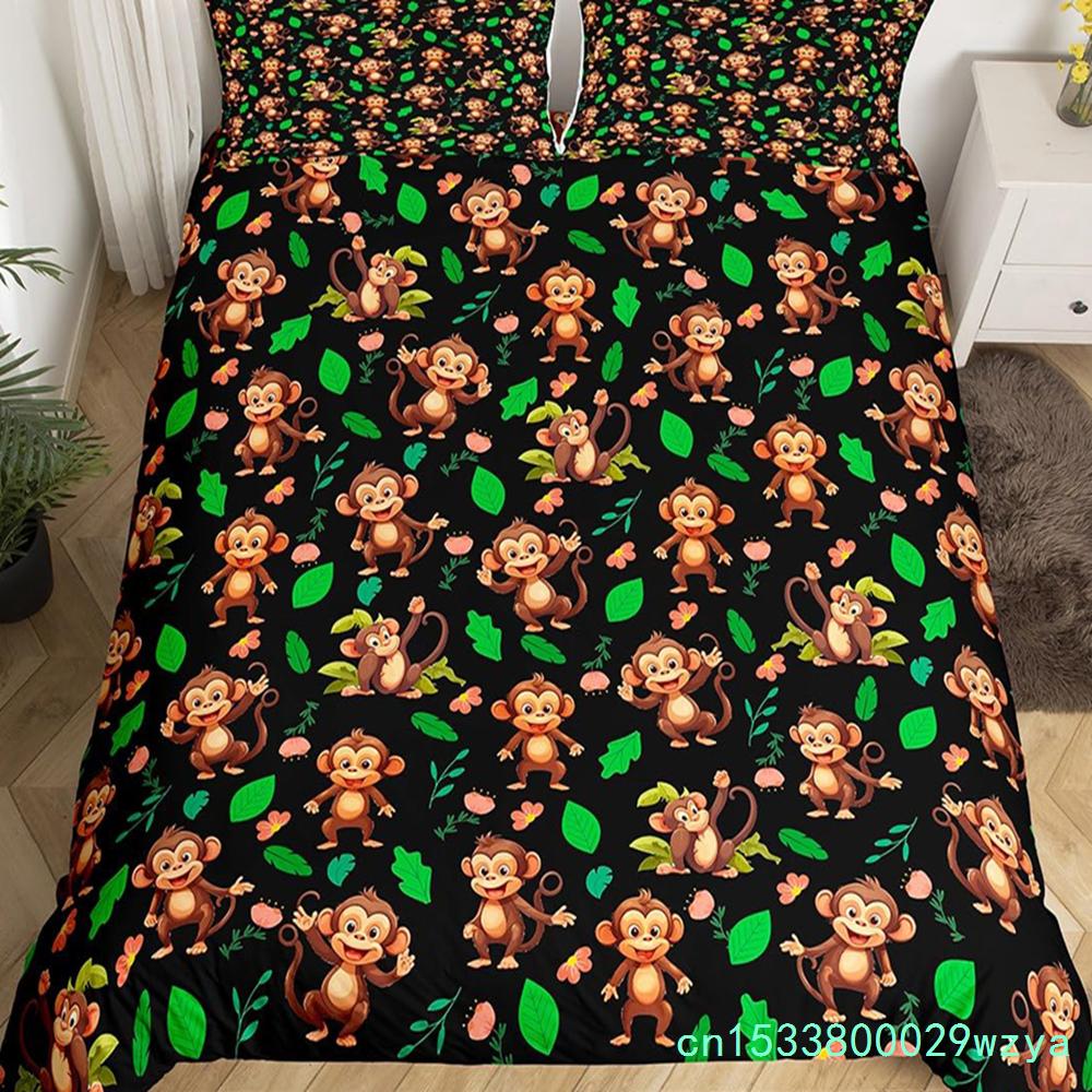 Cute Monkey Bedding Set Full Twin Cartoon Banana Stars Duvet Cover Tropical Wild Animal Fruit Comforter Cover Yellow Quilt Cover