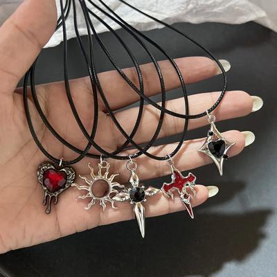 Gothic 90s Leather Rope Lava Star Cross Pendant Necklace For Women Men Antique Silver Color Accessories Aesthetic Jewelry