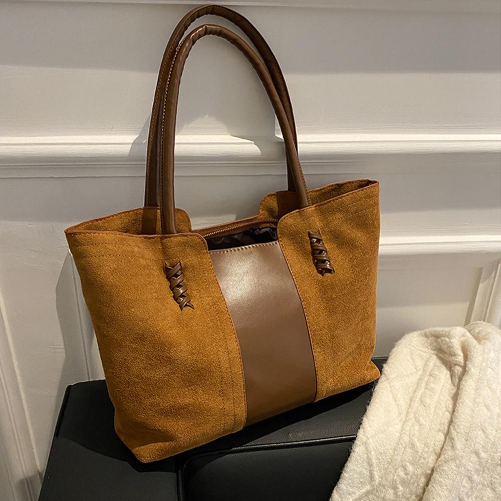 Wildleder Oberfläche Handtasche Für Damen, Koreanische Mode Freizeit Pendler Handtasche, Vintage Farbkollision Spleißung Tote Bag