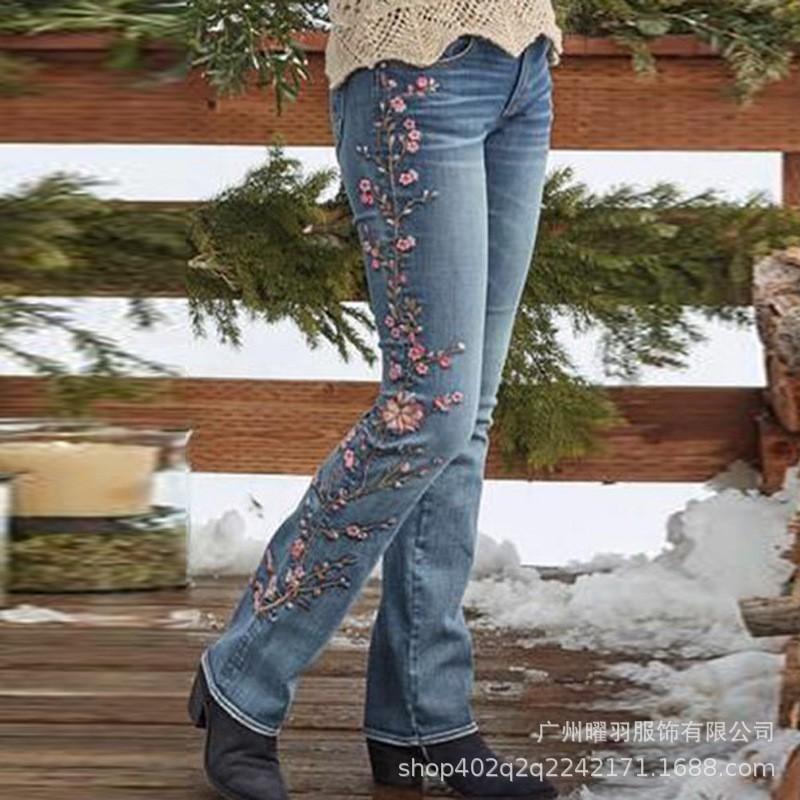 Women s High Waist Flare Jeans Vintage Floral Embroidered Bootcut Denim Pants Slim Stretch Retro Autumn Casual Long Trousers S