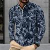 Men s Plus Size Quarter Zip Long Sleeve Collared Tropical Floral Printed Polo Shirt With Side Pockets