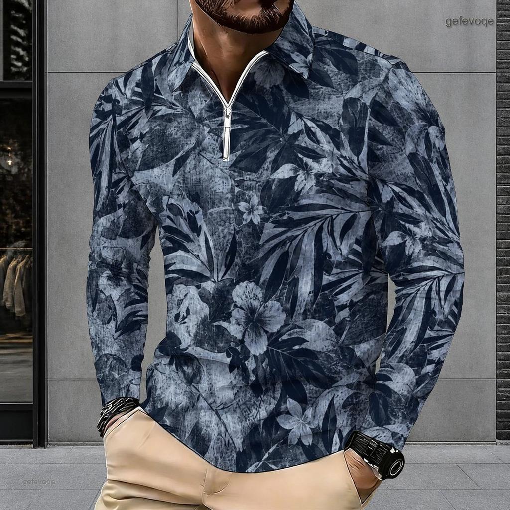 Men s Plus Size Quarter Zip Long Sleeve Collared Tropical Floral Printed Polo Shirt With Side Pockets