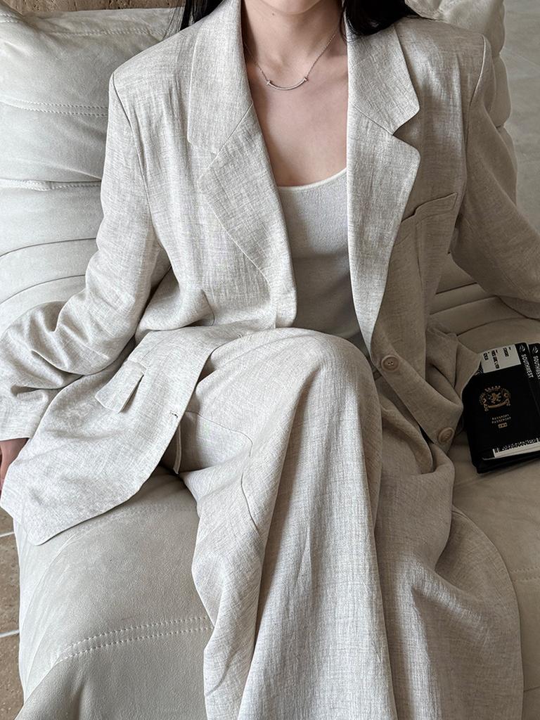 Women's Autumn Cotton Linen Blazer Suit Set with Pants