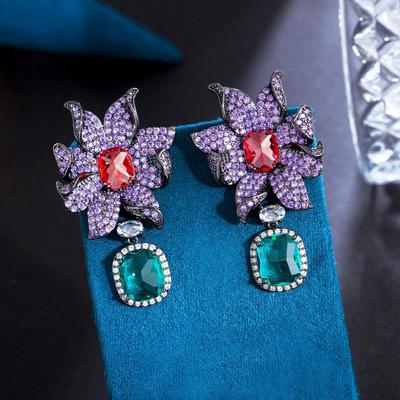 CMM Micro pavimentato blu zirconi lunghi grandi orecchini pendenti con fiori geometrici colore oro abito da sposa gioielli da sposa