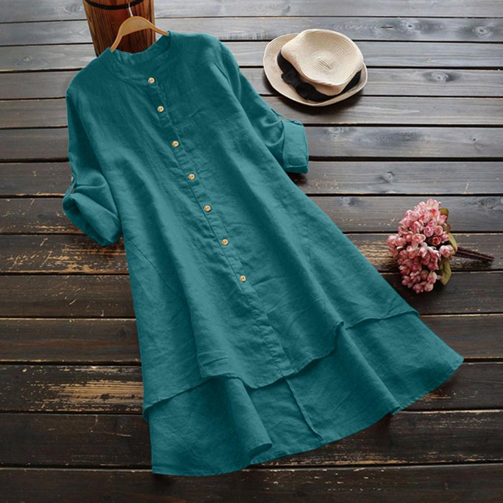 Women Casual Loose Linen Soild Button Long Sleeve Long Shirt Blouse Tops S зелёный