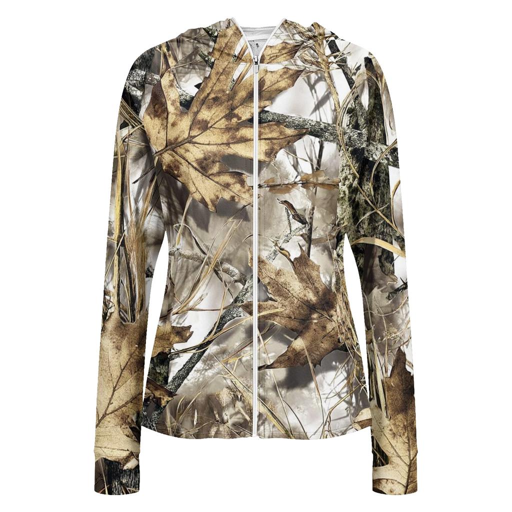 Women's Lightweight Hooded Zip-Up Jacket with Long Sleeves Pockets and Printed Design Sun Protection Outerwear for Outdoor Activities