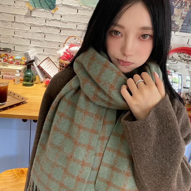 Women's Faux Cashmere Plaid Scarf - Korean Style, Thick & Warm Autumn/Winter Shawl