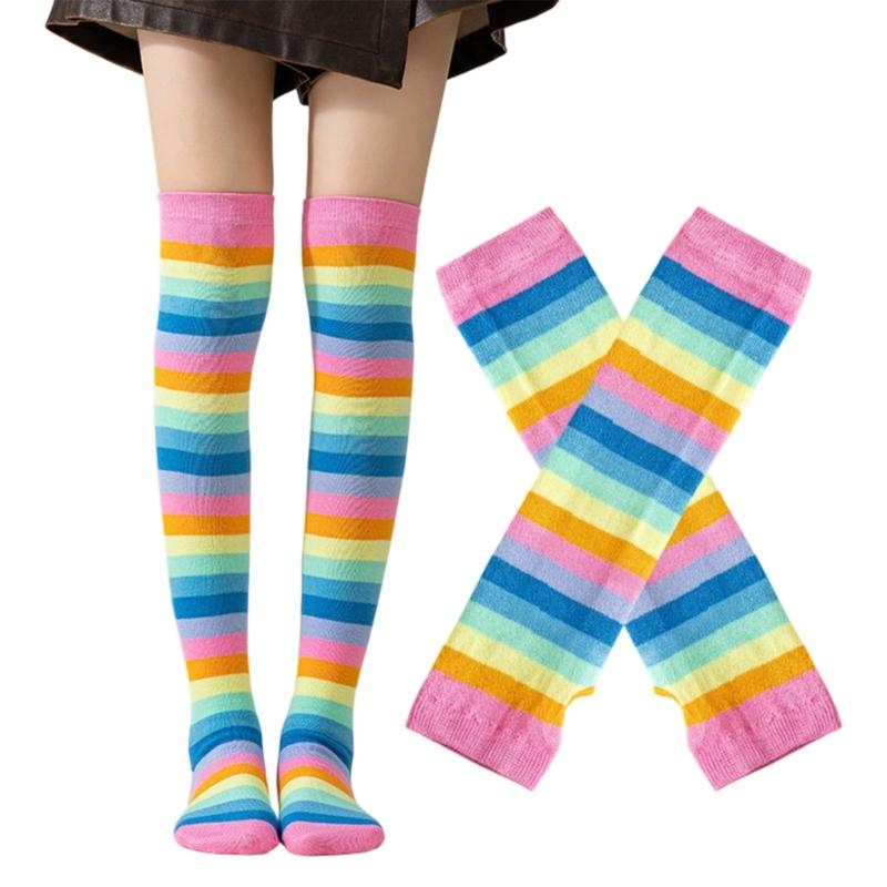 Fingerless Gloves Arm Warmers Over-the-Knee Socks Halloween Costume Matching Thigh High Socks and Arm Sleeves, One Coordinated Set for Themed Setting,