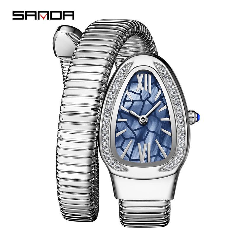 SANDA Women's Luxury Snake Head Bracelet Watch with Roman Mother-of-Pearl Dial, Diamond Accents, English Two-Hand, 30M Water Resistant.