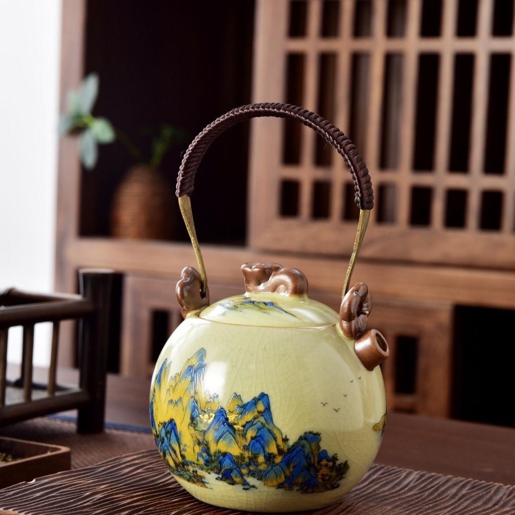 Ru Kiln Hydrangea Flower Beam Pot Teapot Tea Ware Household Ceramic Tea Set Tea Making Single Pot Open Film Can Raise Teapot