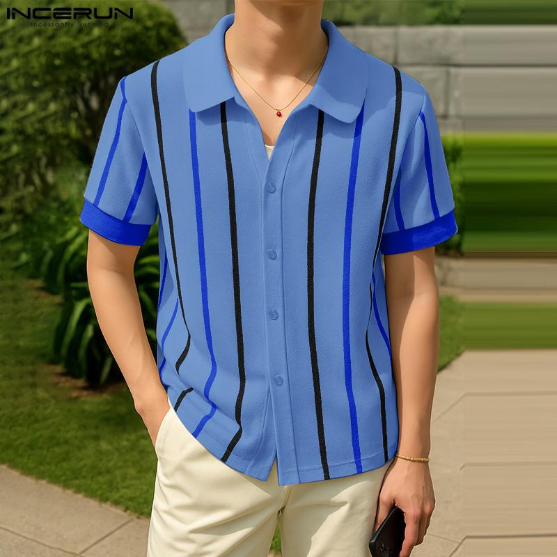 INCERUN Oversized Men Short Sleeve Striped Print Buttons Casual Loose Shirts Tops