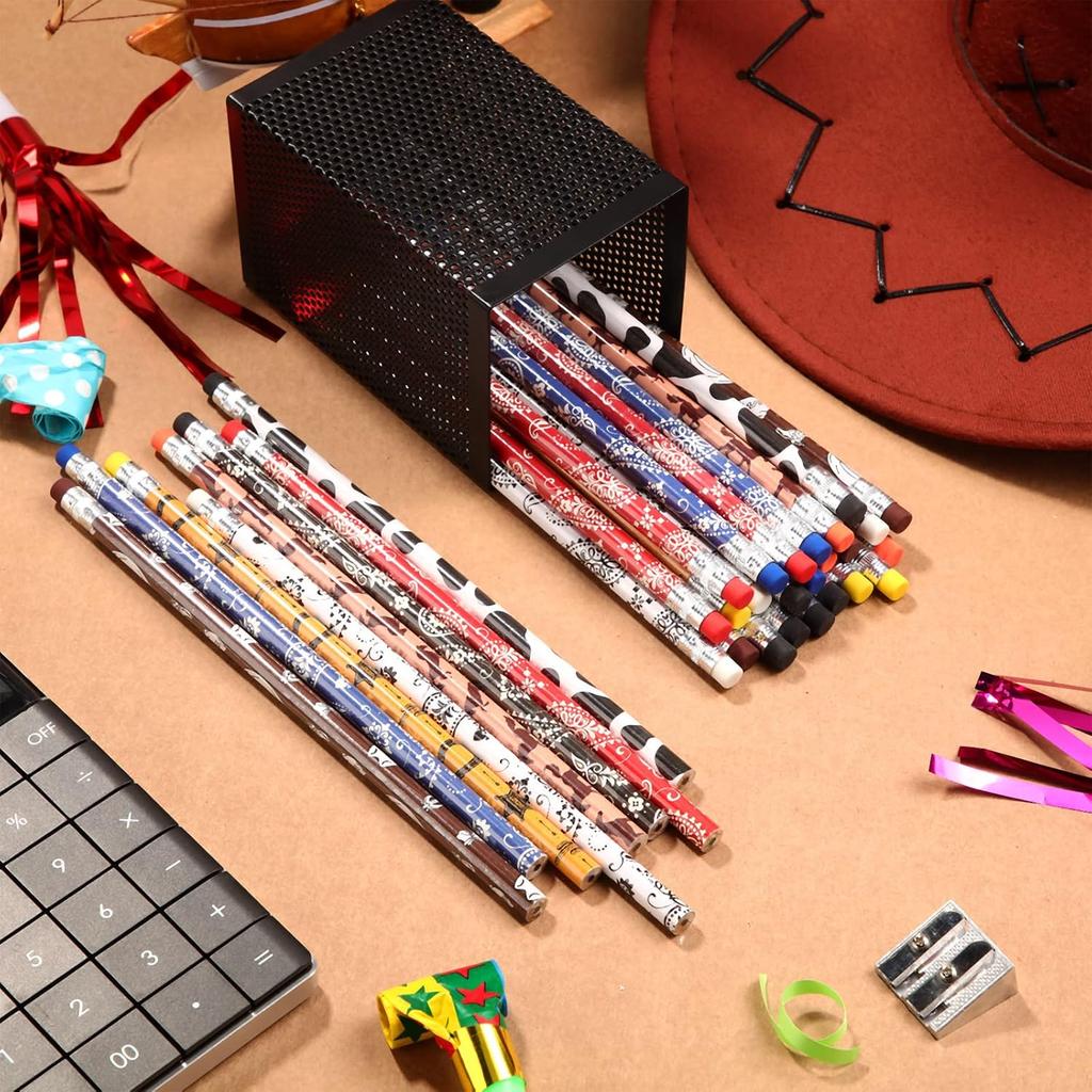 Teling 32 Pcs Western Cowboy Cowgirl Pencils for Kids Fun Cowboy Horse Theme Decorative Wood Pencils with Eraser for Horse Racing Party Favors
