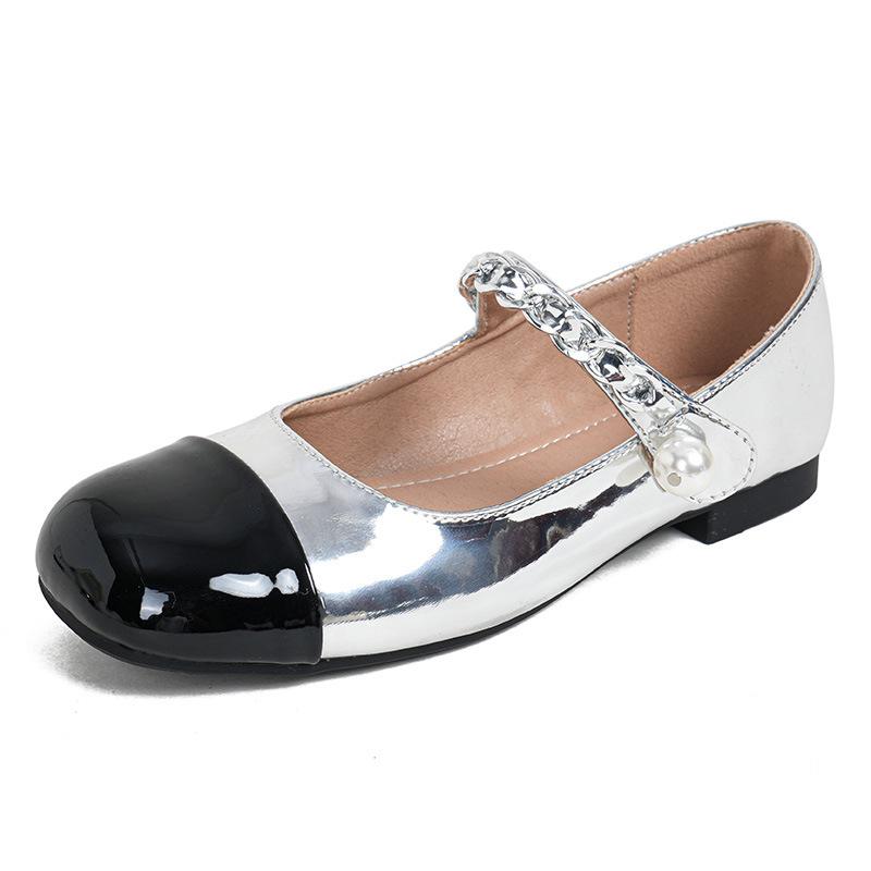 Grape Mother Same Style~ 2025 Summer Round Head French Flat-soled Single Shoes Color Matching Pearl Mary Jane Women's Shoes Versatile
