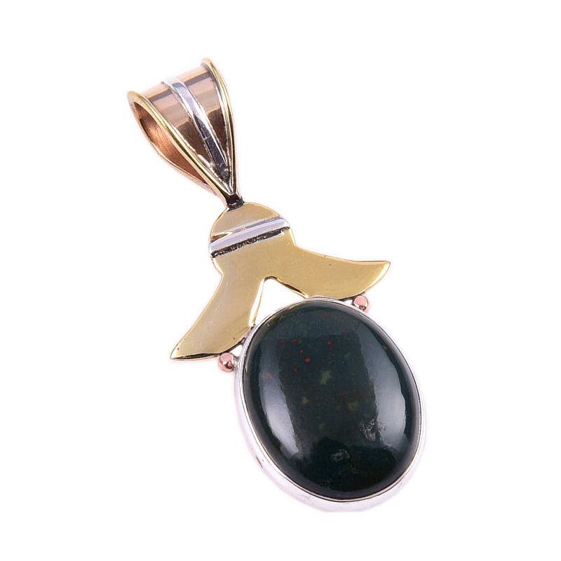 Natural Bloodstone Gemstone 925 Solid Sterling Silver TwoTone Pendant 1.50" K6A86