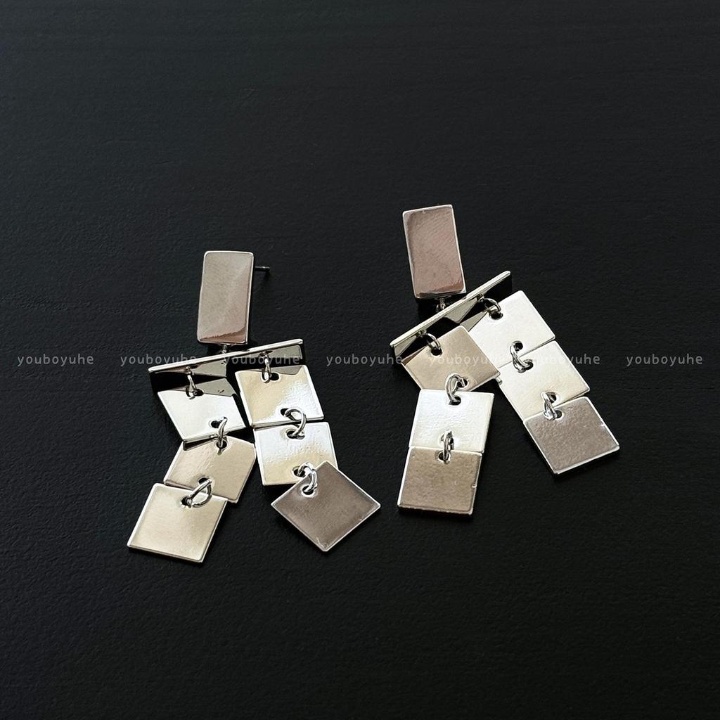 Silver Square Metal Tassel Earrings: Heavy-Duty, High-End Studs for Women, New 2025 Edition