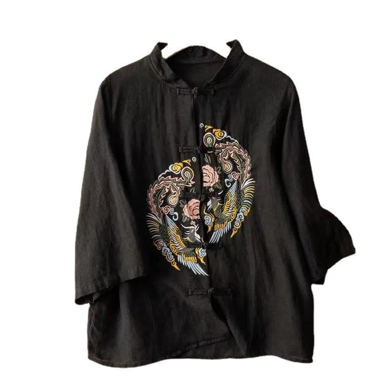 2026 Retro Ethnic Plus Size Cotton Linen Women's Shirt - Summer Loose Fit, Slimming Stand-Up Collar with Frog Buttons