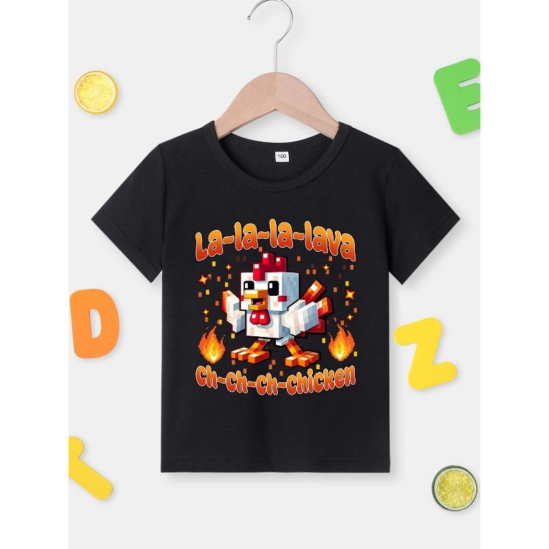 European sizes Summer Stylish Short-Sleeve T-Shirt for Boys Featuring a Fiery Little Rooster Print with "LA-LA-LA-LAVA, CH-CH-CH-CHICKEN"